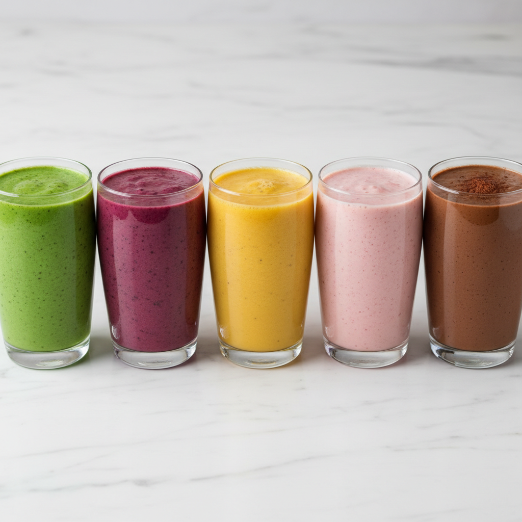 Five colorful smoothies lined up - green, berry, tropical, strawberry, chocolate